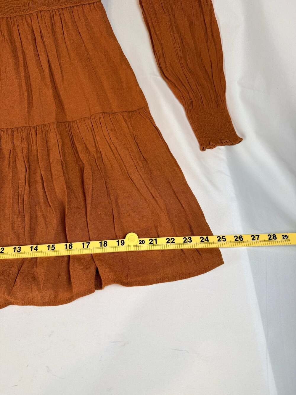 Cottagecore Boho chic Blu Pepper Burnt Orange Smocked Tiered Long Sleeve Mini Dr